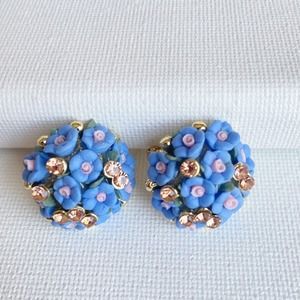 Vintage Style Flower Earrings Blue Floral Cluster Gold Fun Wedding Jewelry